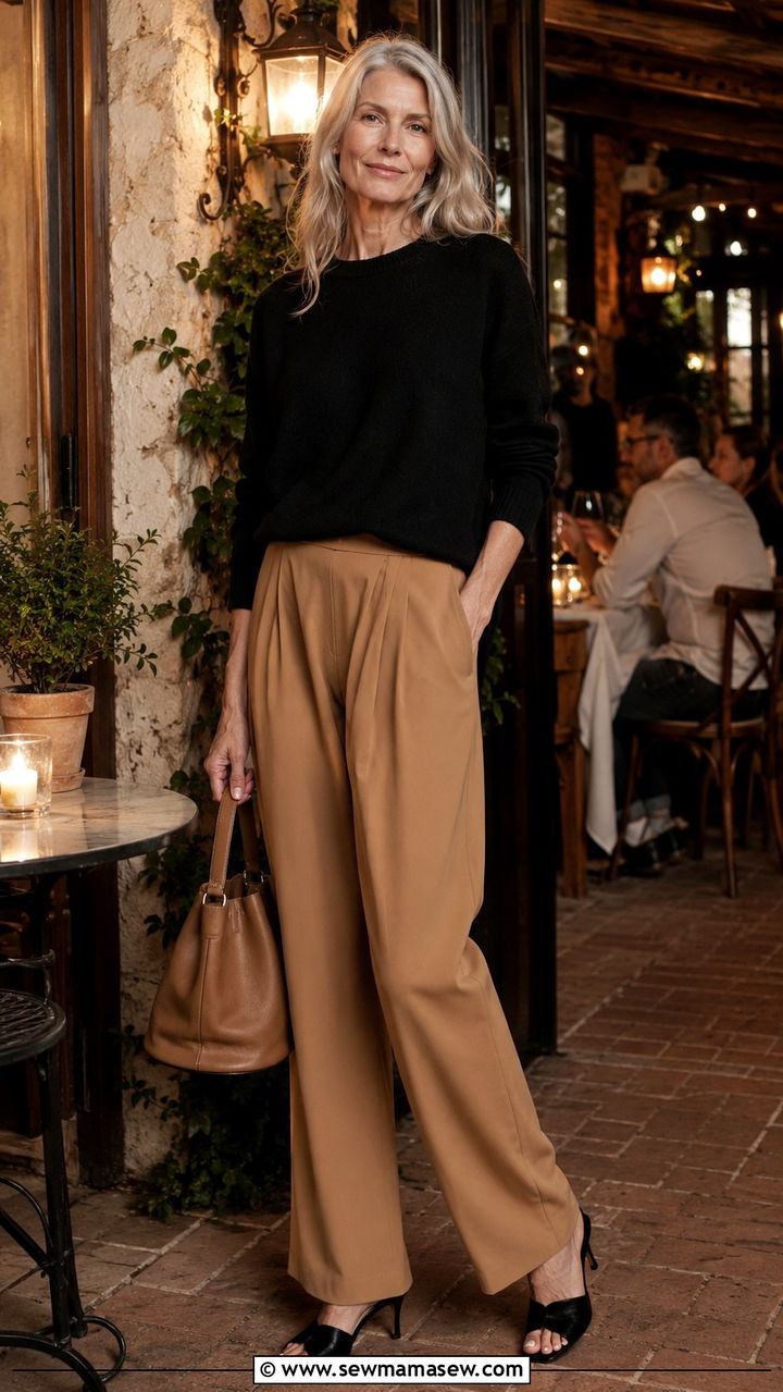 Slouchy trousers with a cropped sweater for tall women over 50 - 30 Tall outfits for women over 50