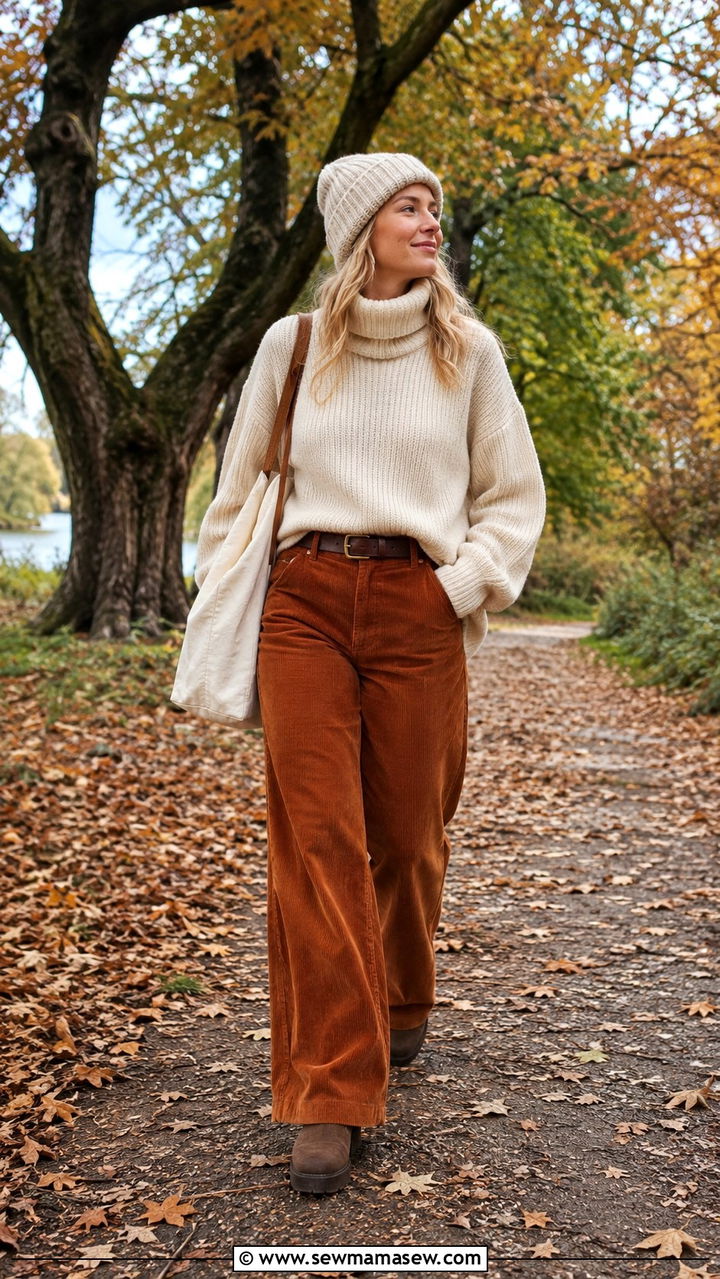 Slouchy turtleneck with corduroy wide leg pants - 25 Scandinavian cozy outfit ideas