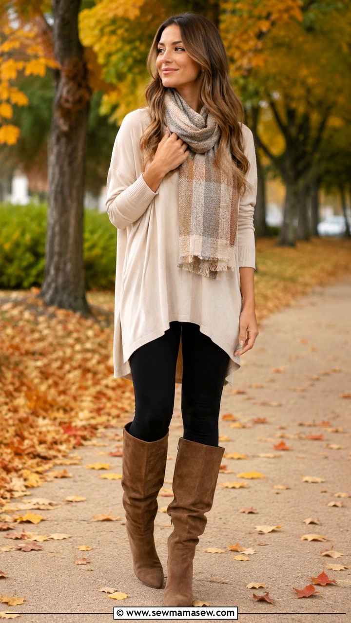 Slouchy wide calf boots with leggings and long tunic - 25 Outfit ideas for wide calves