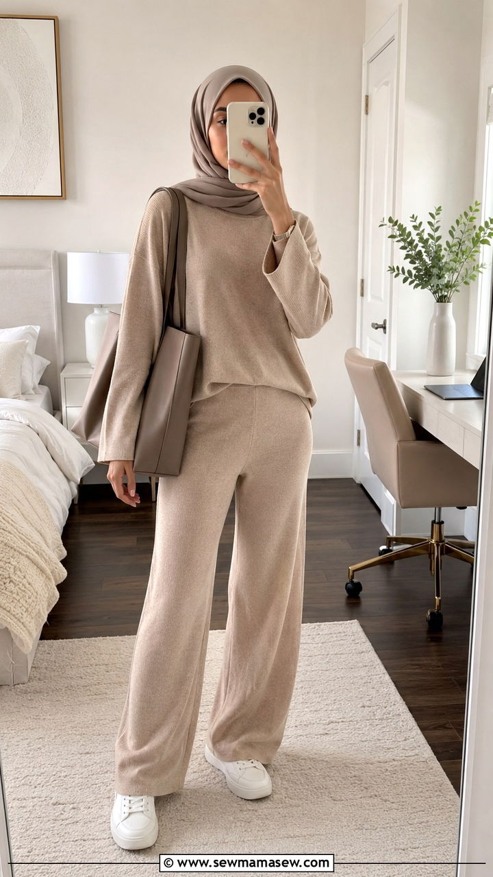 Smart Casual Knit Set with White Sneakers and Tote - 25 work outfits for hijab women