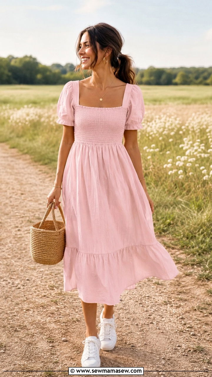 Smock midi dress with white sneakers - 30 Midi dress with white sneakers outfit ideas
