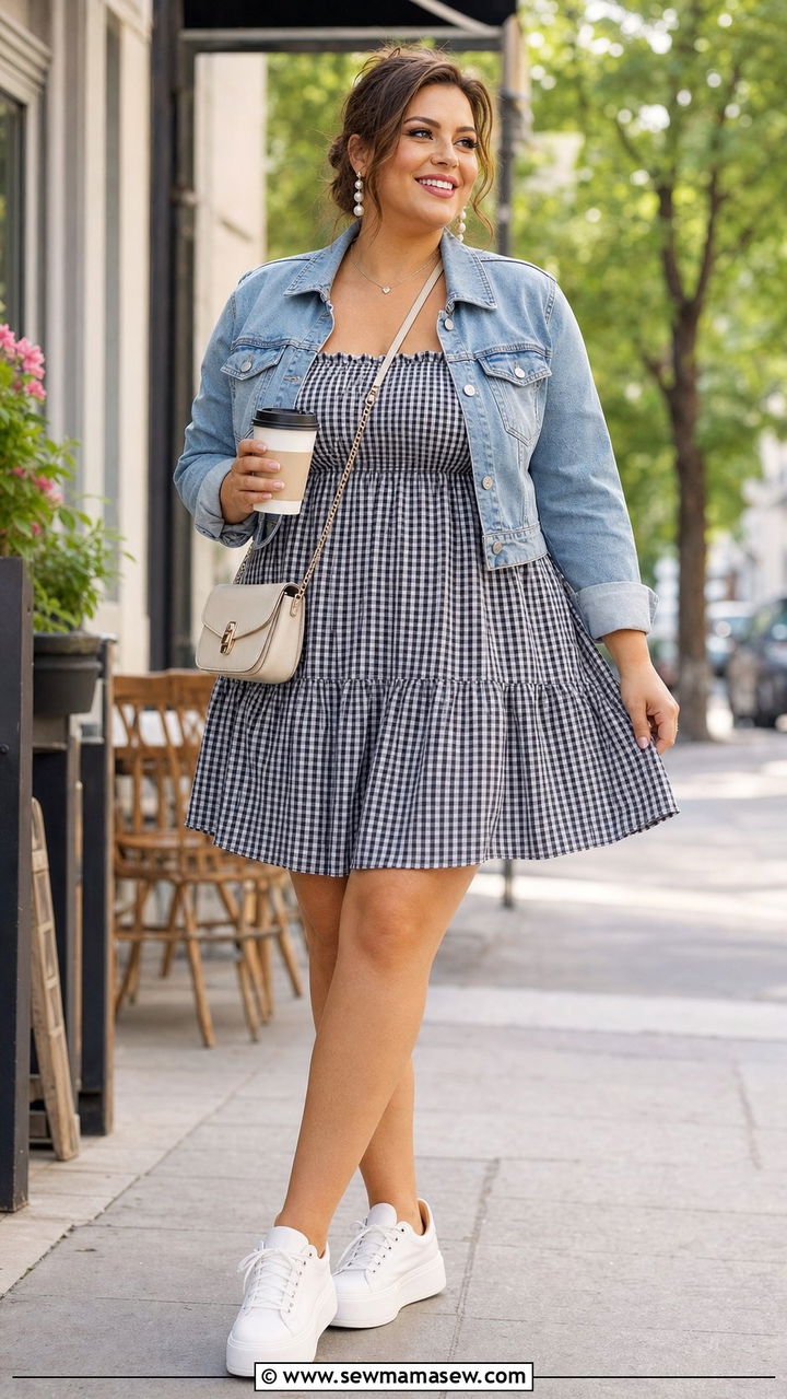 Smocked Babydoll Sundress With Denim Jacket - 25 summer outfits for women with tummy