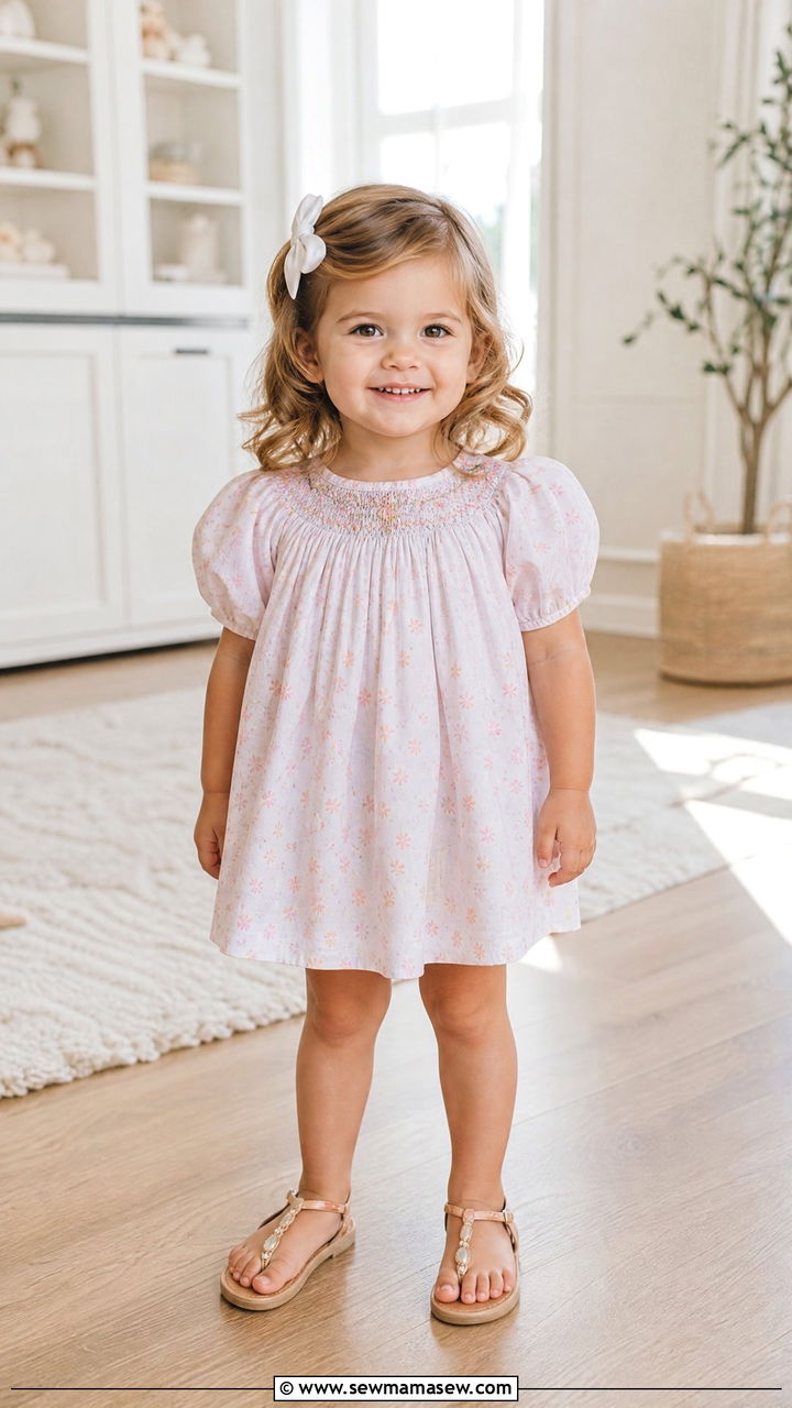 Smocked Bishop Dress with Bloomers and Barefoot Sandals - 25 First day of preschool outfit ideas