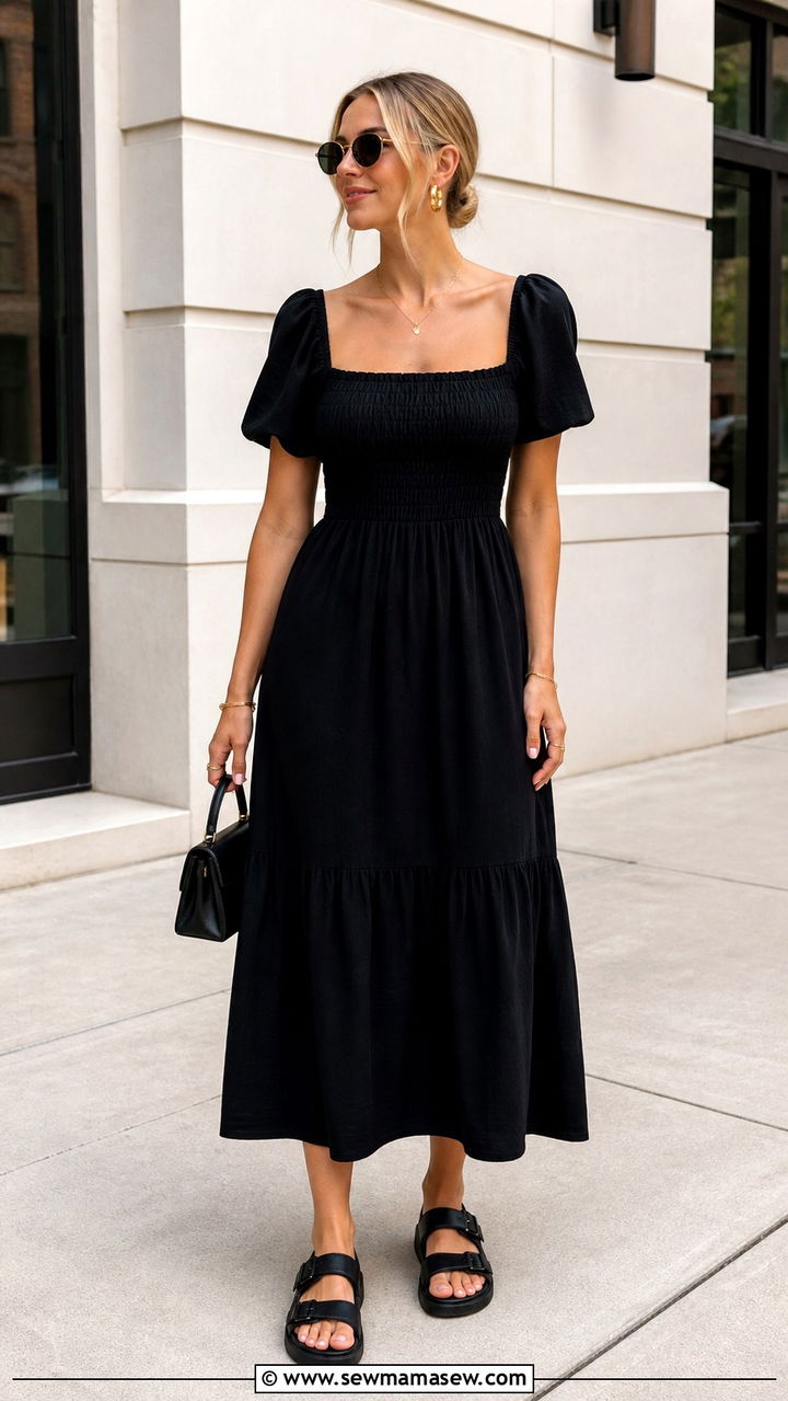 Smocked Black Midi Dress Outfit - 40 cute summer outfit ideas