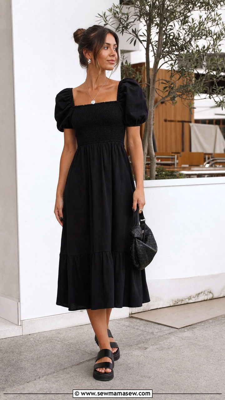 Smocked Black Midi Dress With Chunky Platform Sandals - 25 Elevated summer outfit ideas 2026