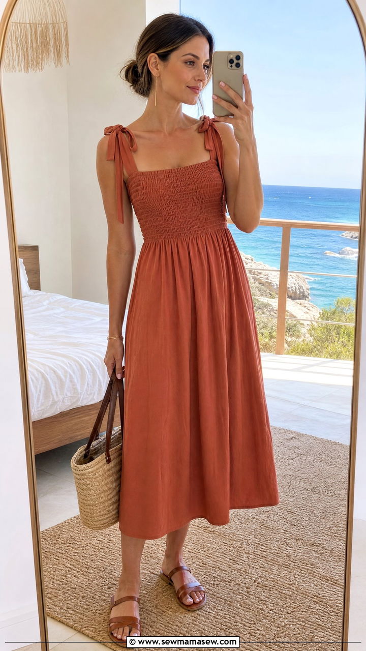 Smocked Bodice Dress With Sandals - 30 summer wedding guest outfit ideas for women