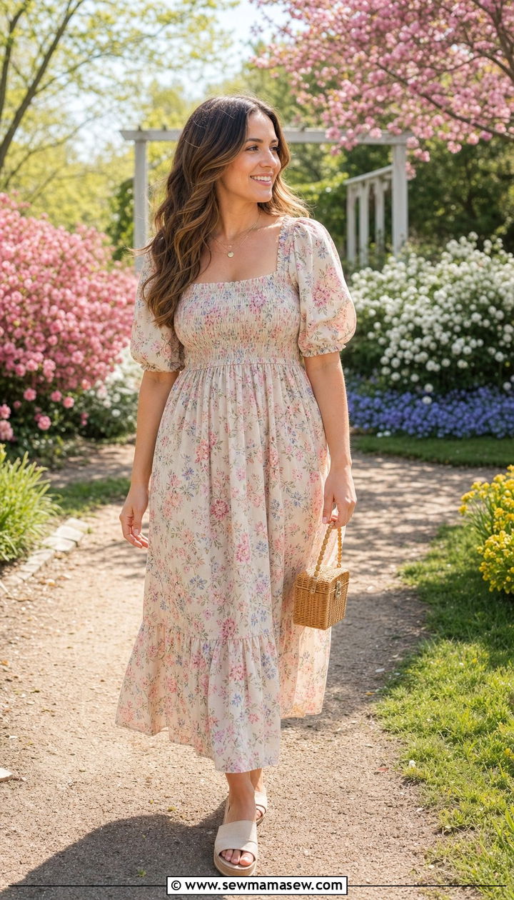 Smocked Bodice Dress With Wedge Sandals - 25 Spring outfit ideas for postpartum women