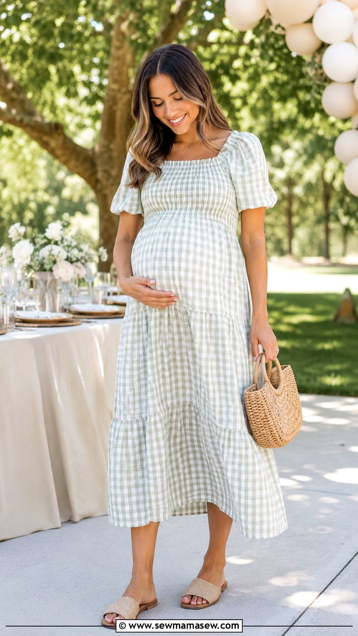 Smocked Bodice Dress with Flat Sandals - 25 Baby shower outfit ideas hostess