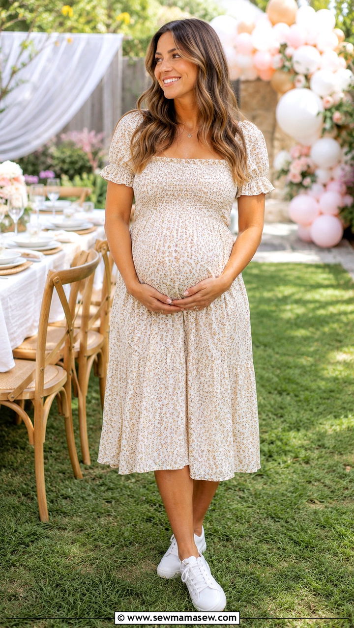 Smocked Bodice Dress with White Sneakers - 30 classy baby shower outfit ideas