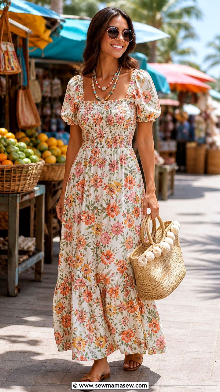 Smocked Bodice Floral Maxi Dress - 40 Beach vacation outfit ideas