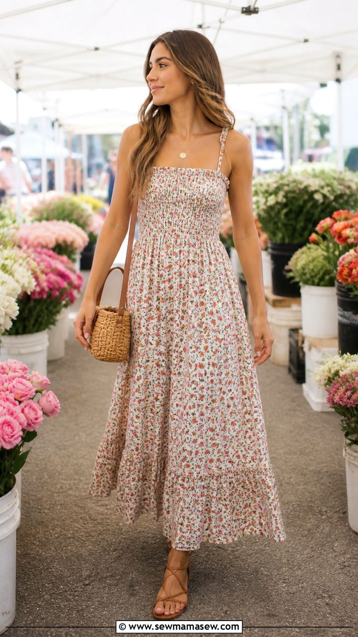 Smocked Bodice Maxi Dress And Flat Sandals Outfit - 40 Spring farmers market outfits