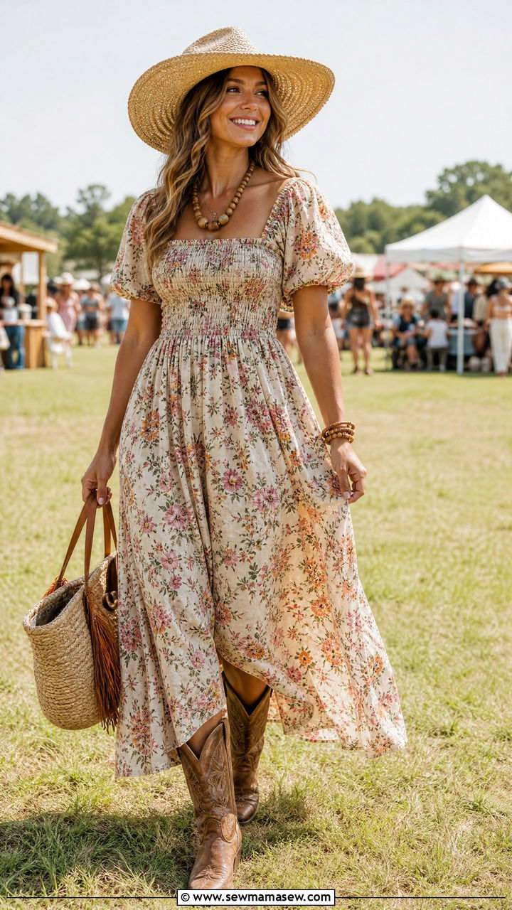 Smocked Bodice Maxi Dress And Straw Hat With Distressed Cowboy Boots - 30 Country concert outfit ideas with cowboy boots