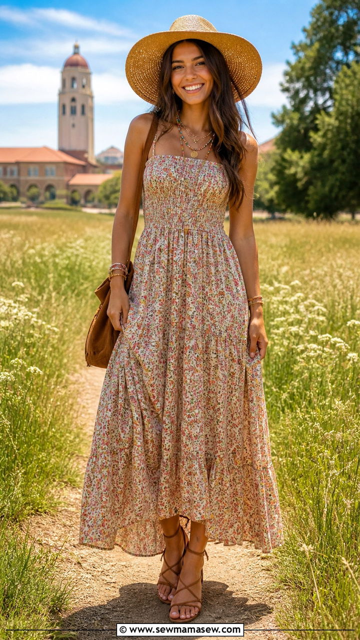 Smocked Bodice Maxi Dress With A Straw Hat - 40 back to school outfit ideas