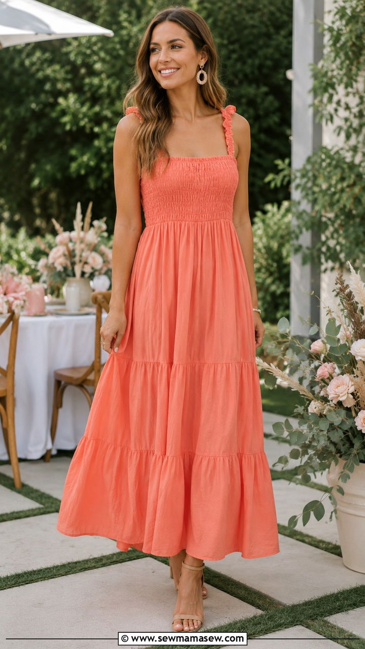 Smocked Bodice Maxi Dress With Block Heel Sandals - 25 seasonal baby shower outfit ideas