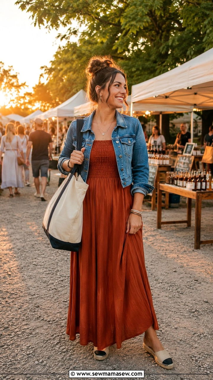 Smocked Bodice Maxi Dress With Denim Jacket Postpartum Night Out - 25 Postpartum first night out outfit ideas