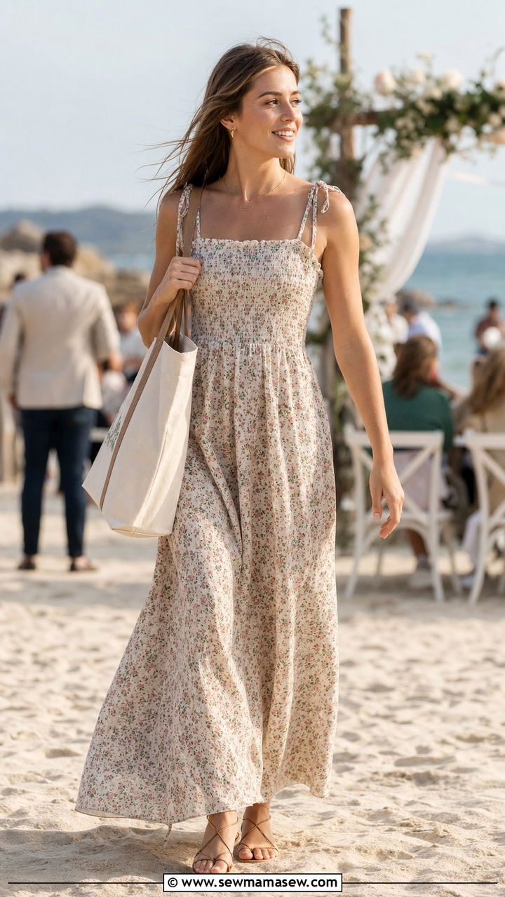 Smocked Bodice Maxi Dress With Flat Sandals For Beach Wedding Guest - 35 Beach wedding guest outfits