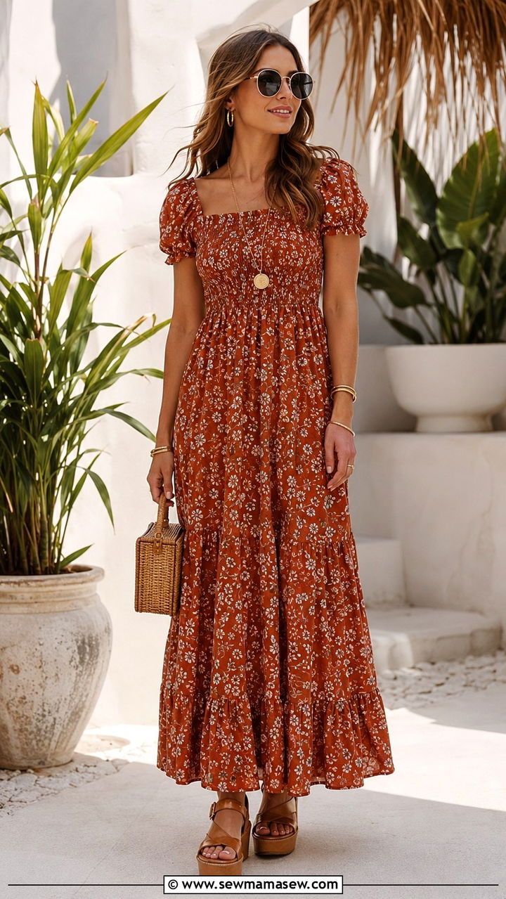 Smocked Bodice Maxi Dress With Platform Sandals - 30 boho capsule wardrobe outfits