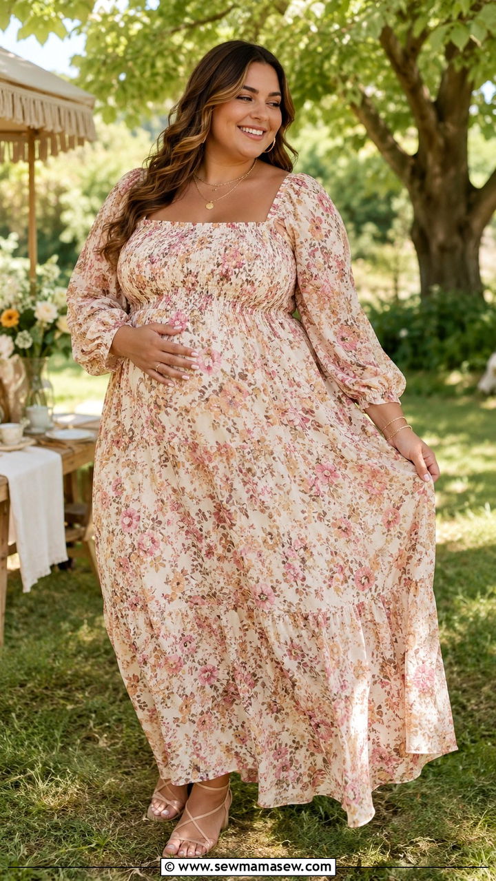 Smocked Bodice Maxi Dress With Sandals - 30 Plus size outfit ideas for baby shower