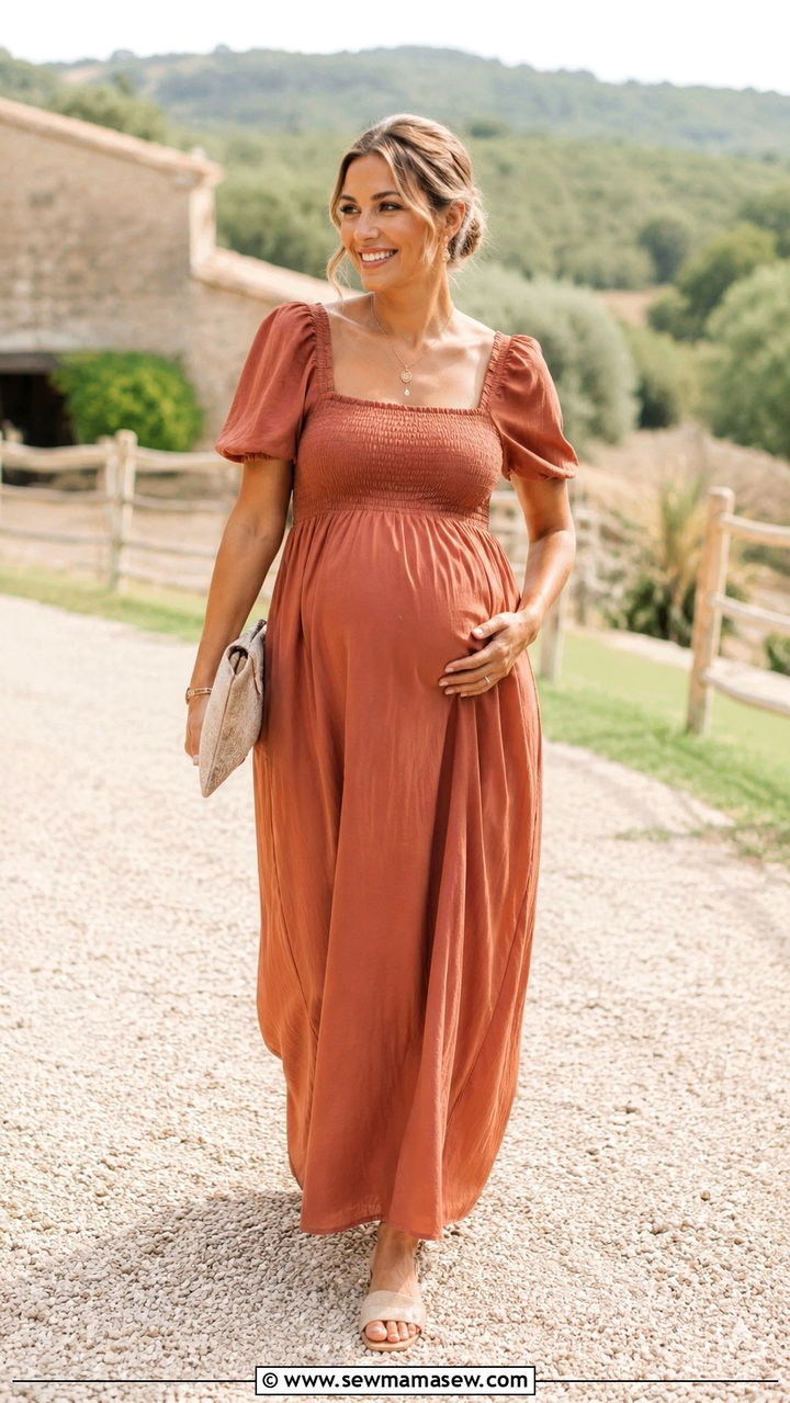 Smocked Bodice Maxi Dress With Sandals - 25 wedding guest outfits for pregnant women