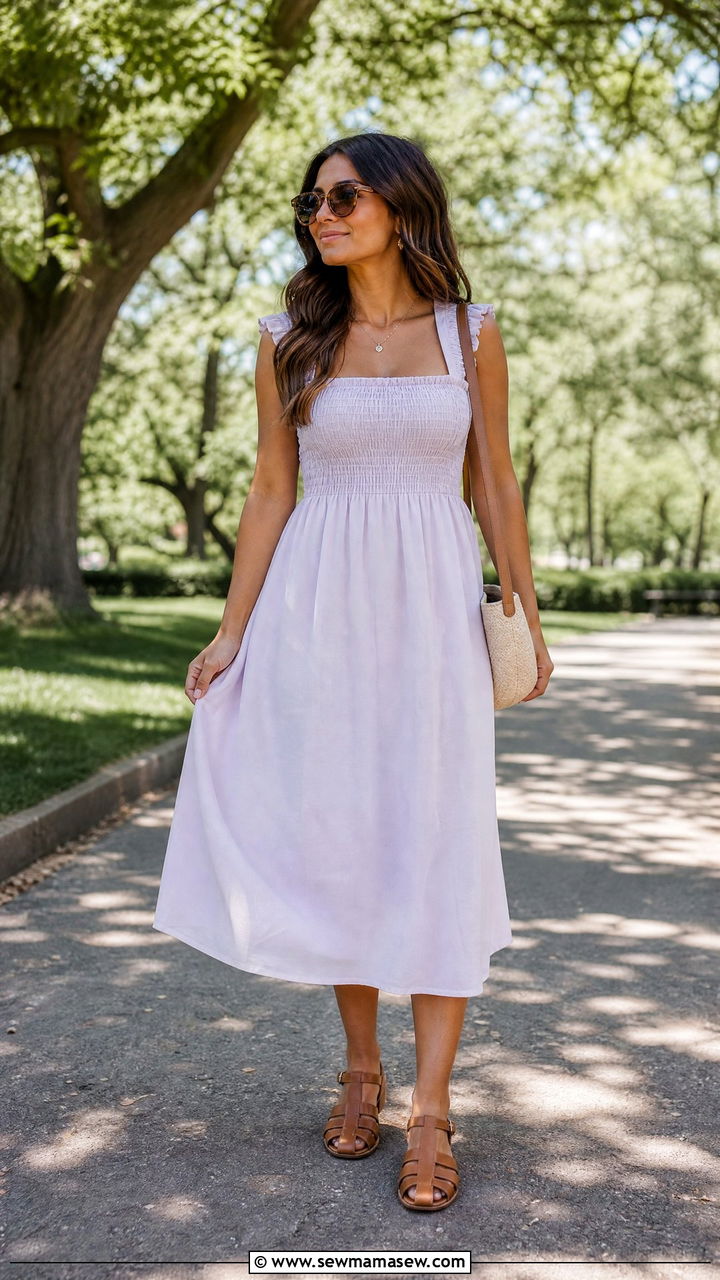 Smocked Bodice Midi Dress With Fisherman Sandals - 40 summer dress outfit ideas