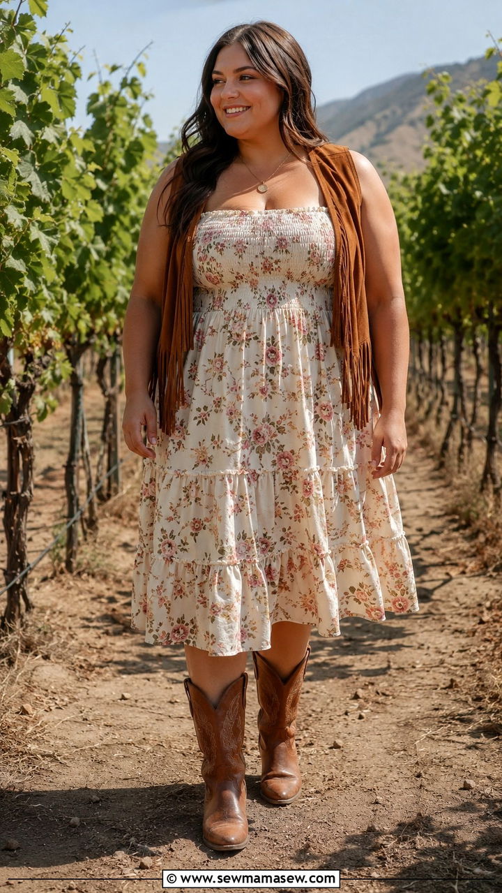 Smocked Bodice Midi Dress With Fringe Vest - 25 Western outfit ideas plus size