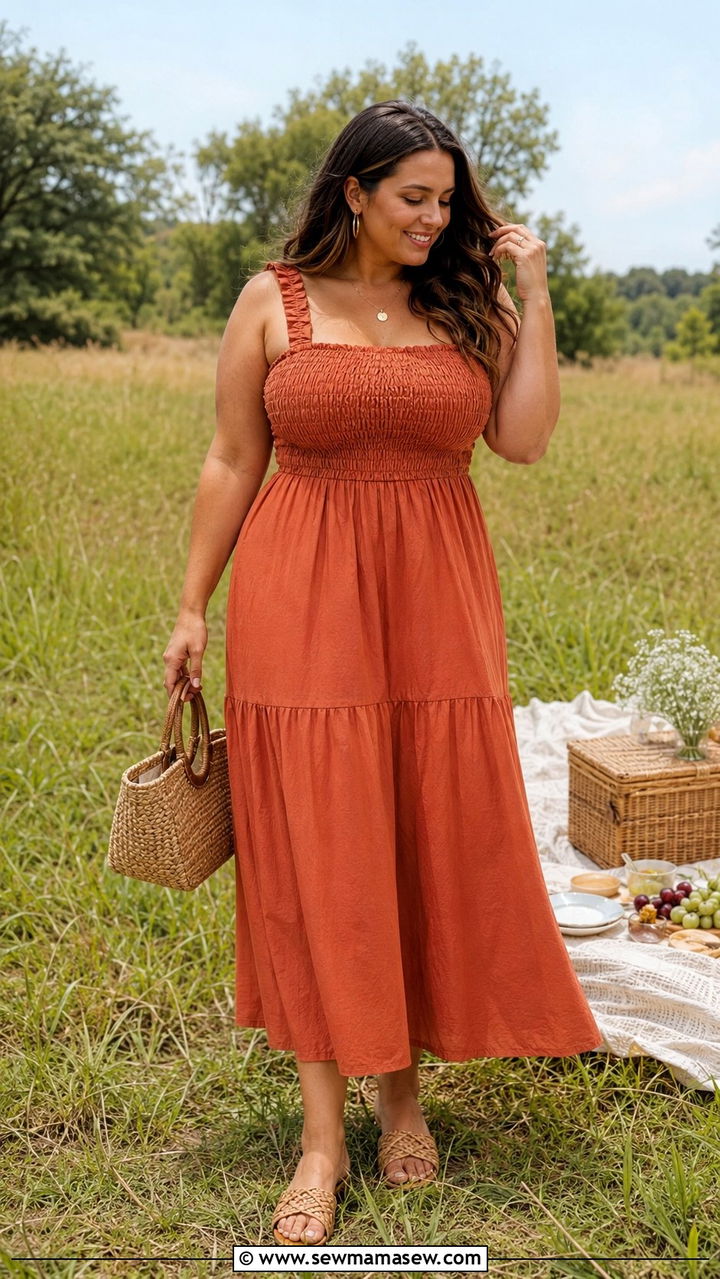 Smocked Bodice Midi Dress With Straw Bag - 30 picnic outfit ideas for women
