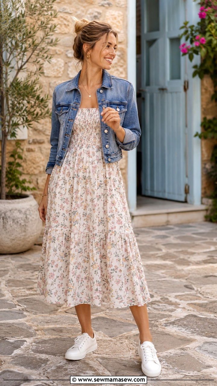 Smocked Bodice Midi Dress with a Cropped Denim Jacket - 25 Pumping friendly work outfits