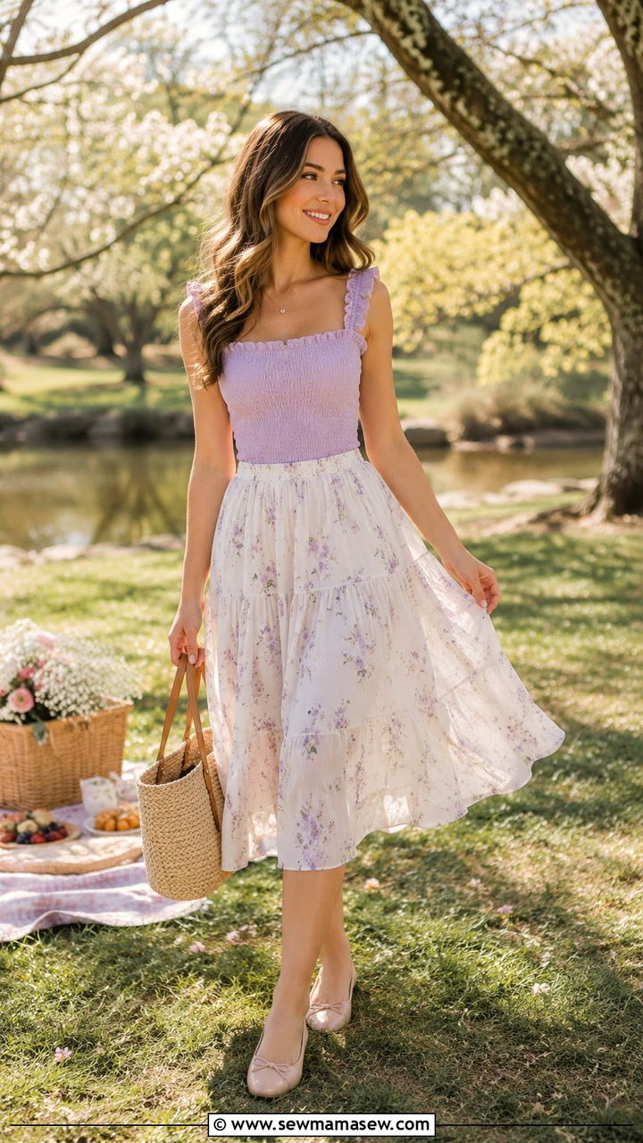 Smocked Bodice Top With Flowy Midi Skirt - 30 romantic outfit ideas for women