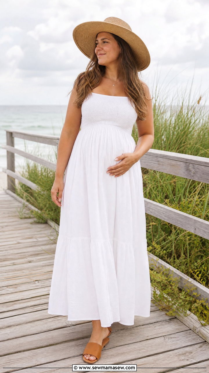 Smocked Bust Maxi Dress with Flat Slide Sandals and a Wide Brim Hat - 20 Postpartum outfit ideas still looks pregnant