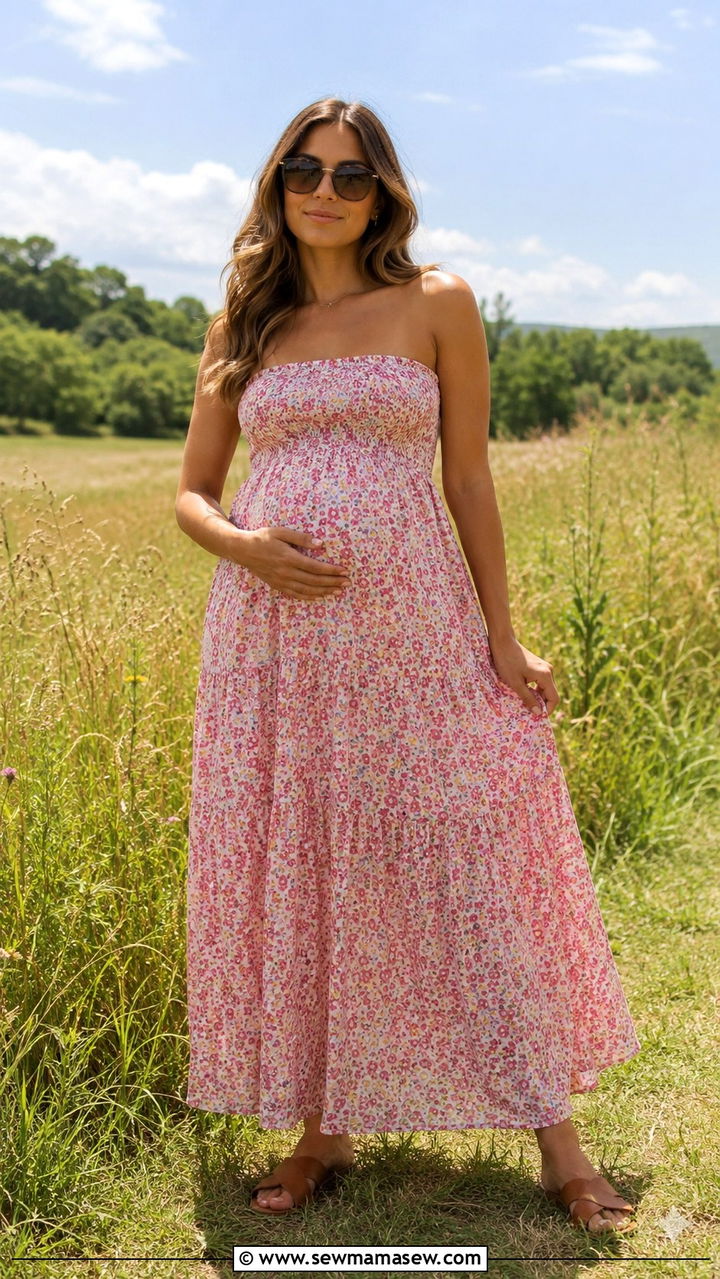 Smocked Bust Maxi Dress with Slide Sandals - 25 Postpartum outfit ideas 2026