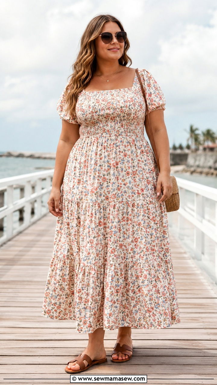 Smocked Bust Maxi Dress with Slide Sandals - 25 Plus size nursing outfit ideas
