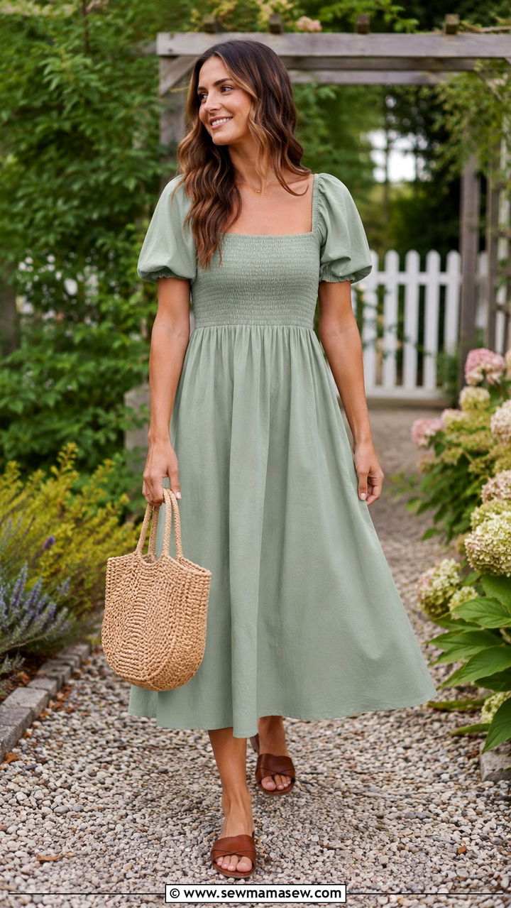 Smocked Cotton Midi Dress with Flat Sandals - 25 Postpartum outfit ideas 2026