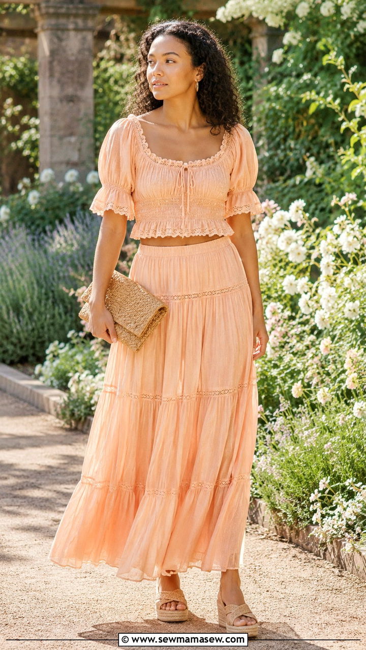 Smocked Crop Top With Tiered Maxi Skirt - 20 Boho outfit ideas Dôen style