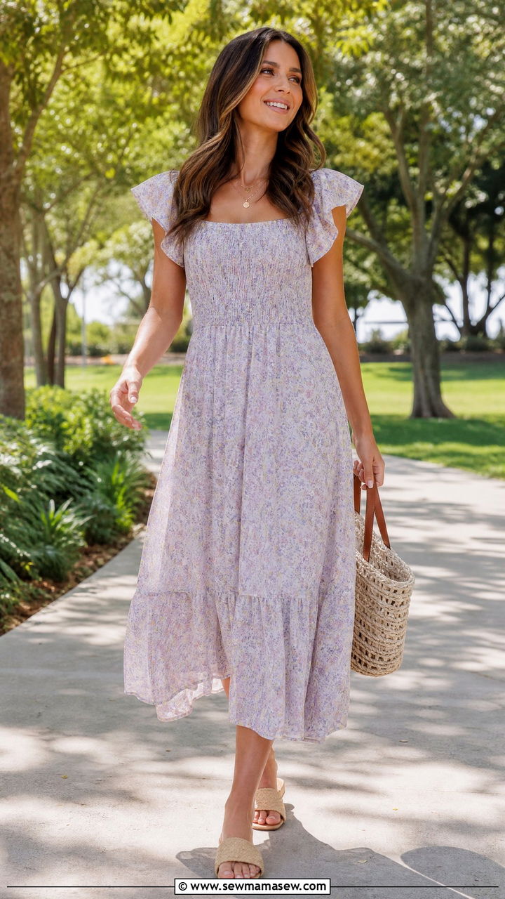 Smocked Dress With Slide Sandals - 30 Summer outfits for athletic build