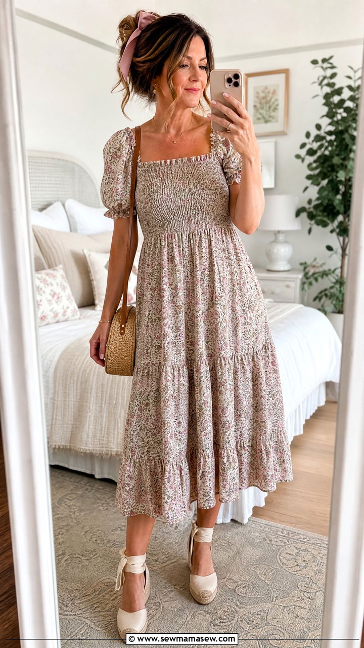 Smocked Floral Midi Dress With Espadrilles - 30 cottagecore outfit ideas for women over 40