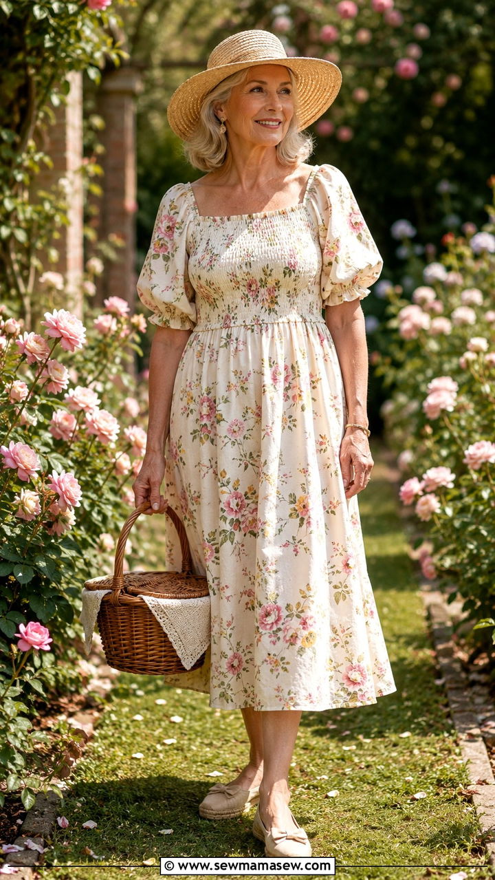 Smocked Floral Midi Dress for Picnic - 30 Picnic outfits for women over 60