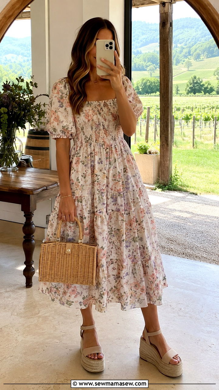 Smocked Floral Midi Dress with Espadrille Wedges - 30 casual spring wedding guest outfits