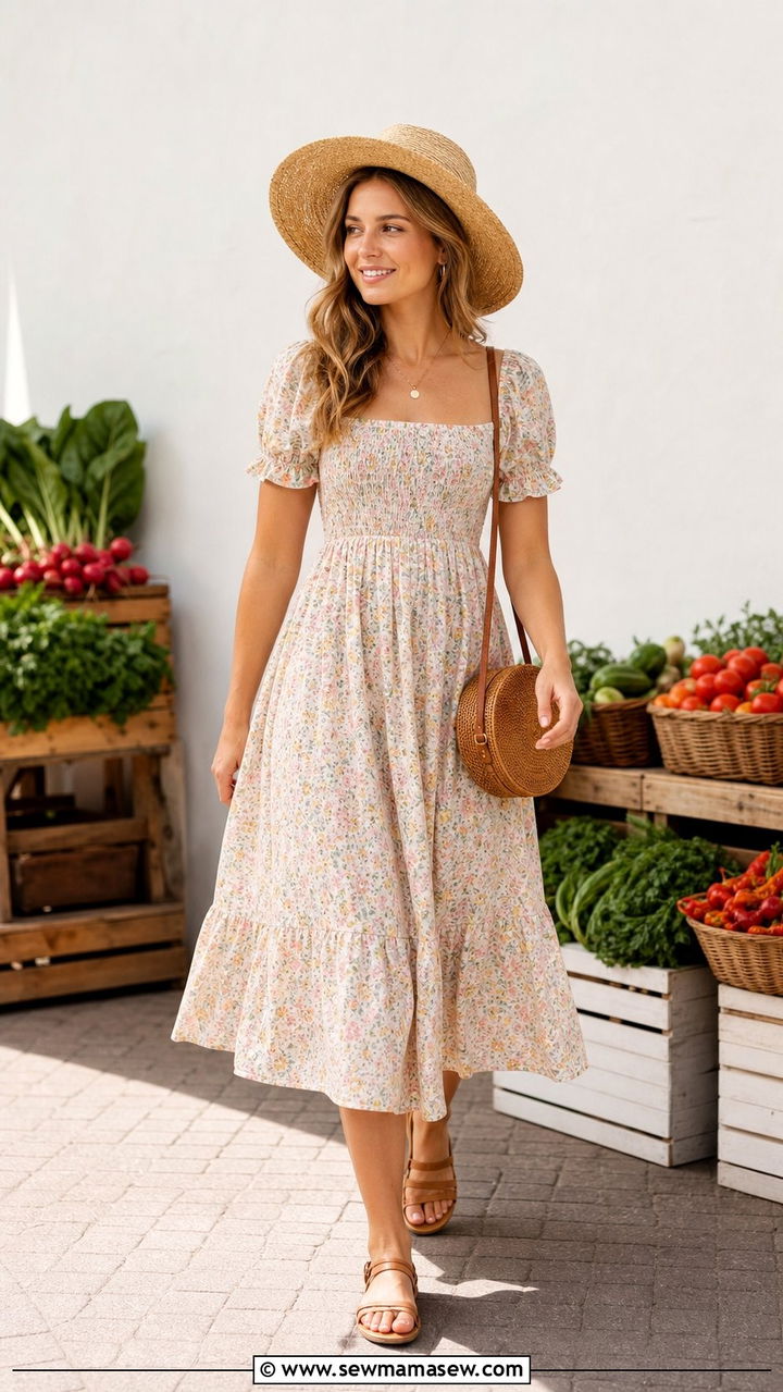Smocked Floral Sundress with Straw Hat - 25 cottagecore capsule wardrobe outfits