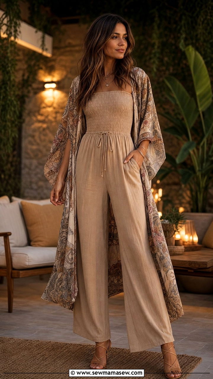 Smocked Jumpsuit With Patterned Sheer Kimono - 35 Boho spring outfit ideas 2026