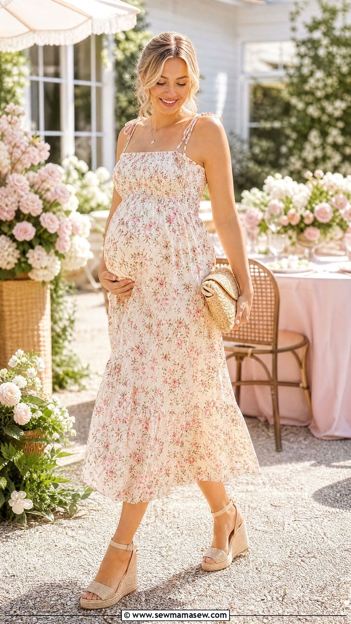 Smocked Maternity Sundress With Espadrille Wedges For A Garden Party - 30 summer outfits for pregnant women