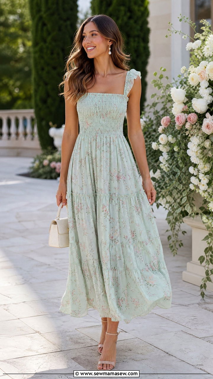 Smocked Maxi Dress With Block Heel Sandals - 30 Maxi dress outfit ideas with sandals