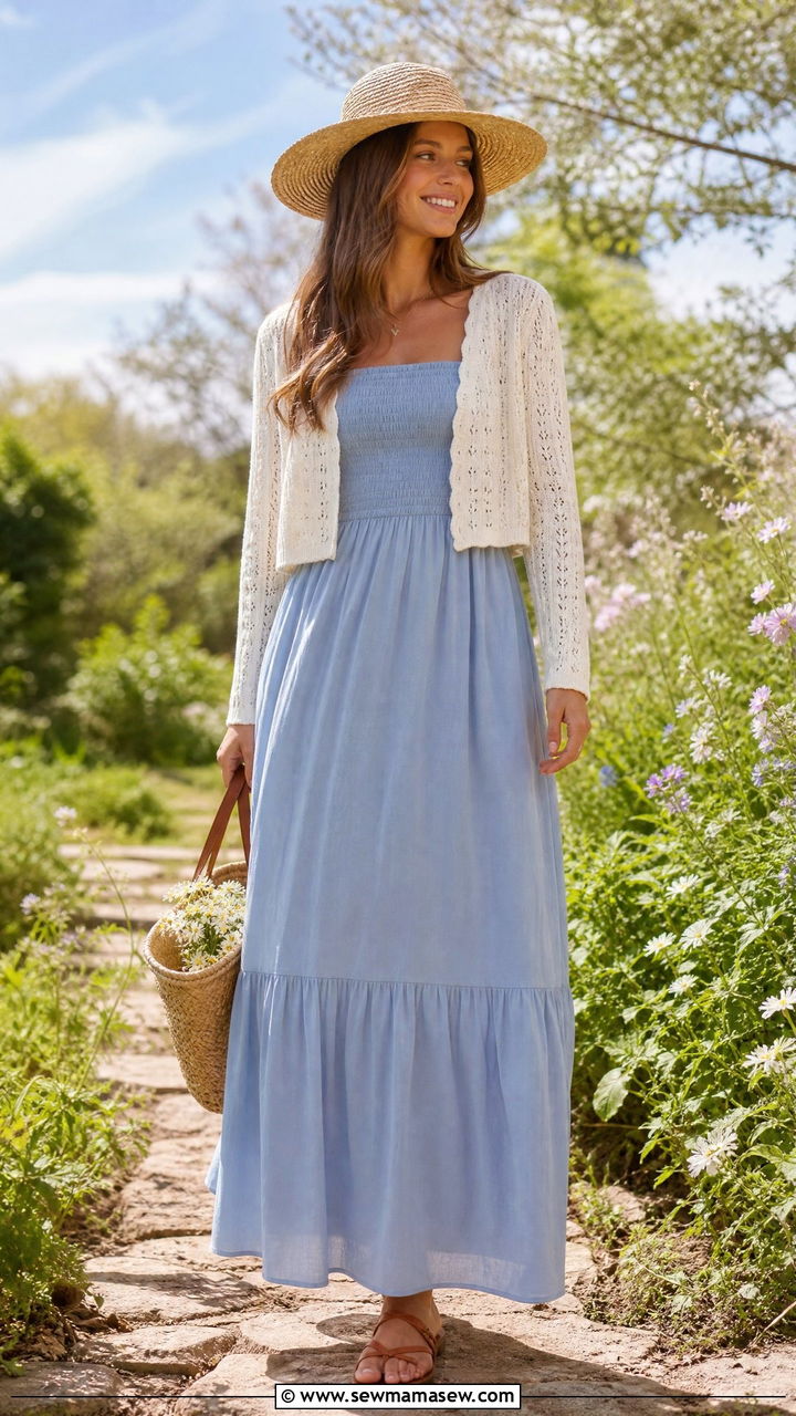 Smocked Maxi Dress With Cropped Cardigan And Flat Sandals Outfit - 20 cute poetcore outfits