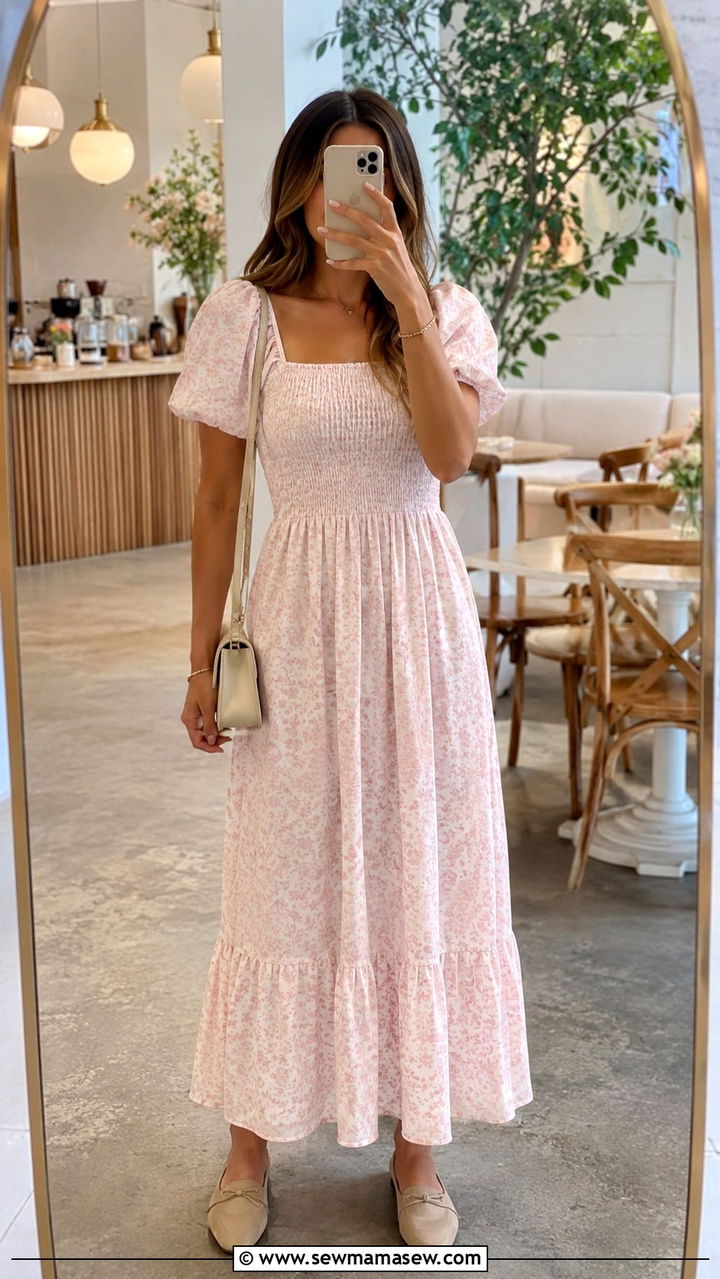 Smocked Maxi Dress With Short Puff Sleeves And Mules - 30 Maxi dress with sleeves outfit ideas