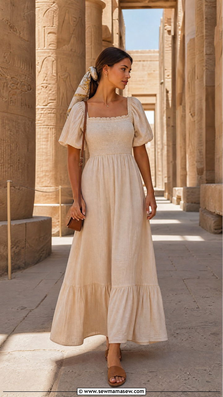 Smocked Maxi Dress With Slide Sandals - 35 Luxor outfit ideas