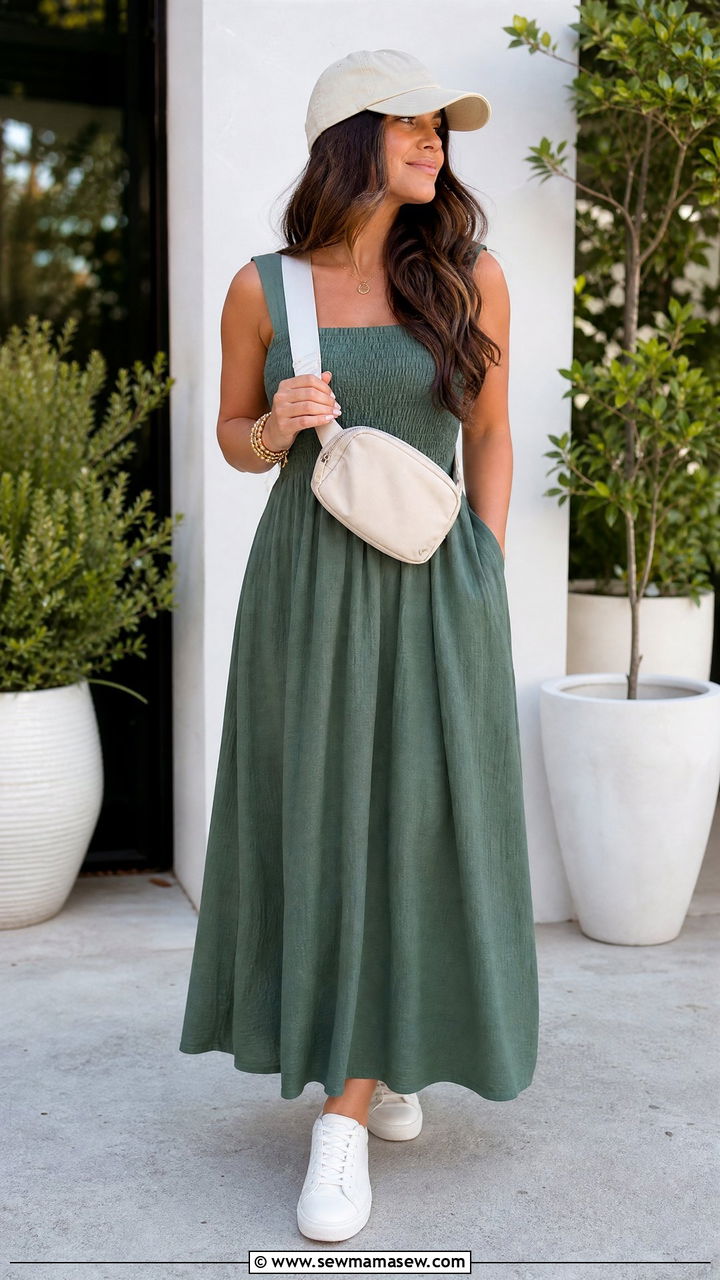 Smocked Maxi Dress With Sneakers Outfit - 30 summer maxi dress outfit ideas