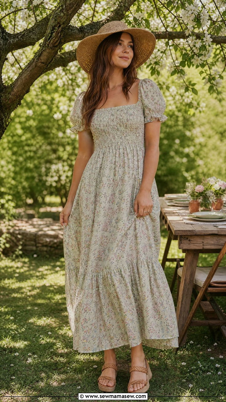 Smocked Maxi Dress with Wedge Sandals and Sun Hat - 30 Cottagecore spring outfits