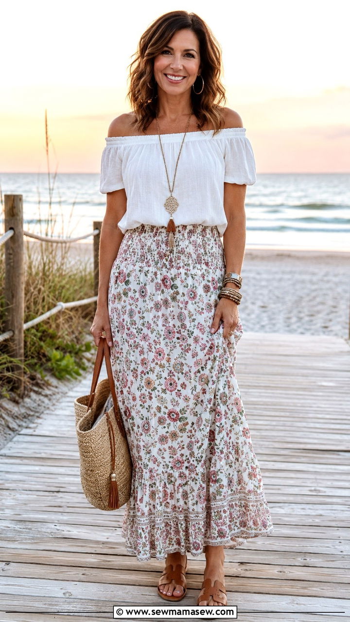Smocked Maxi Skirt Outfit With Off Shoulder Top - 30 maxi skirt outfits for women over 40