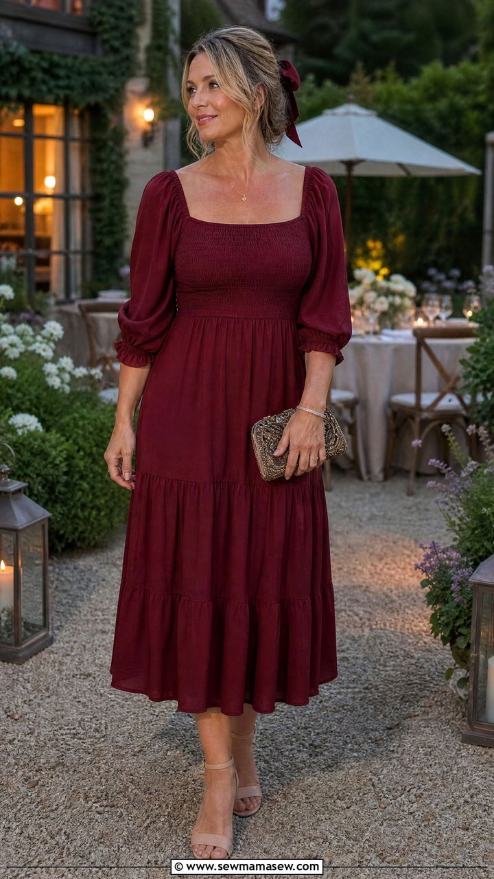Smocked Midi Dress With Ankle Strap Heels - 30 cottagecore outfit ideas for women over 40
