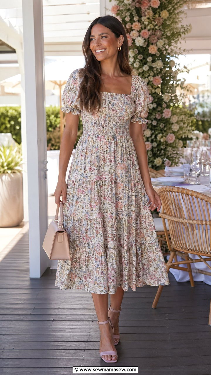 Smocked Midi Dress With Block Heels - 35 Flirty summer outfit ideas