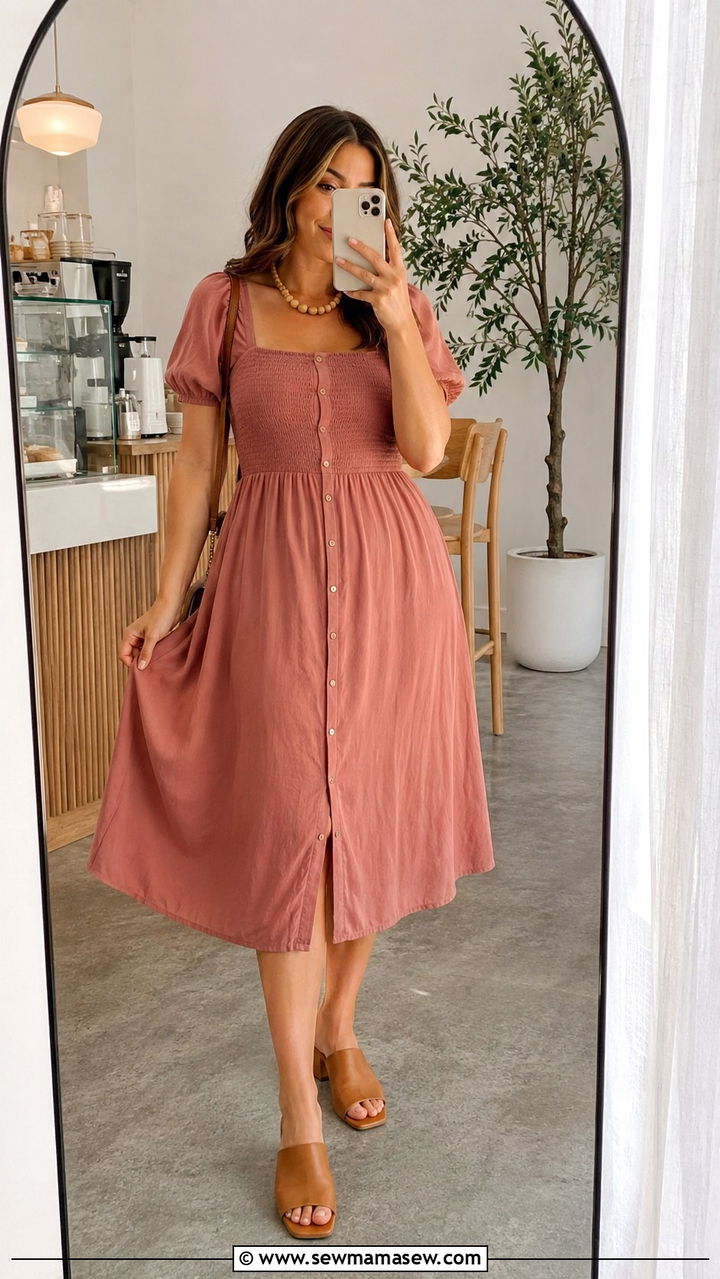 Smocked Midi Dress With Button Front Details - 20 Cottagecore outfits for pear shape